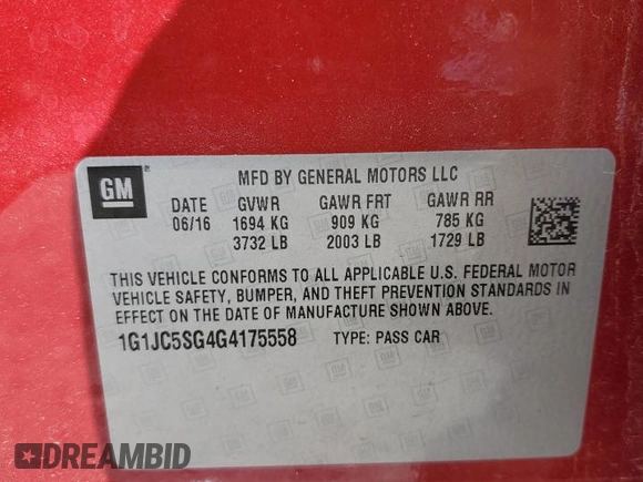 2016 Chevrolet Sonic LT z VIN 1G1JC5SG4G4175558, wystawiony jako Copart lot #57991275 z przebiegiem 133 497 mil mil oraz Szkoda całkowita • Salvage title. Historia ofert i sprzedaży dostępna na DreamBid. Obrazek 12.