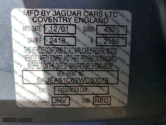 2002 Jaguar X-Type with VIN SAJEA51C62WC50078, listed as a Copart auction lot 78474784 with 144,780 mi miles and Salvage Title. Bid and sale history available at carsss.com. Image 13.