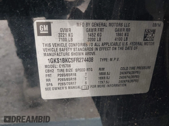2015 GMC Yukon SLT with VIN 1GKS1BKC5FR274408, listed as a IAAI auction lot 41942157 with 165,978 mi miles. Bid and sale history available at carsss.com. Image 9.