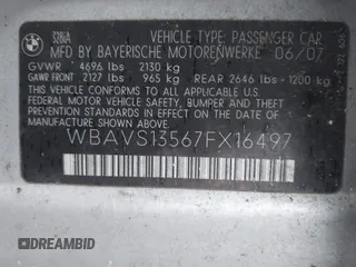 2007 BMW 3 Series 328i with VIN WBAVS13567FX16497, listed as a IAAI auction lot 41395943 with 171,518 mi miles. Bid and sale history available at carsss.com. Image 9.