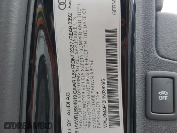 2017 Audi A4 Season of Audi ultra Premium with VIN WAUKMAF43HN039285, listed as a Copart auction lot 88310675 with 101,979 mi miles and Salvage Title. Bid and sale history available at carsss.com. Image 12.