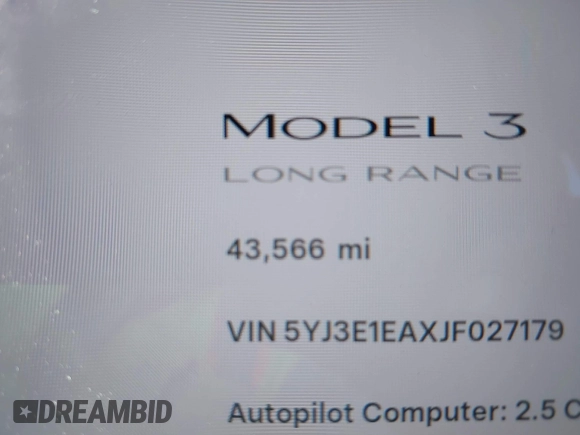 2018 Tesla Model 3 Long Range Battery with VIN 5YJ3E1EAXJF027179, listed as a IAAI auction lot 42059918 with 43,566 mi miles. Bid and sale history available at carsss.com. Image 16.