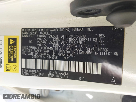 2012 Toyota Highlander Limited with VIN 5TDDK3EH7CS142066, listed as a IAAI auction lot 42573030 with 169,372 mi miles and . Bid and sale history available at DreamBid. Image 9.