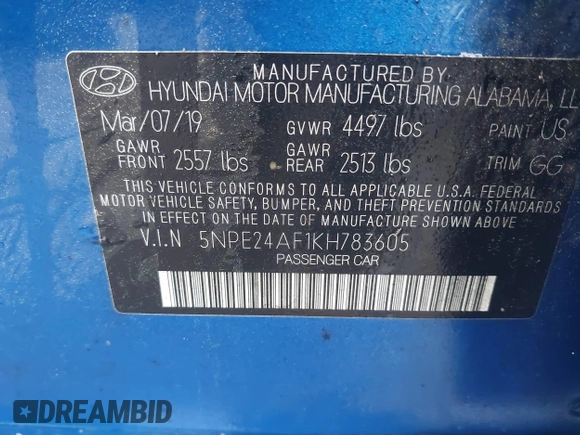 2019 Hyundai Sonata SE with VIN 5NPE24AF1KH783605, listed as a IAAI auction lot 41940740 with 98,560 mi miles and . Bid and sale history available at carsss.com. Image 9.