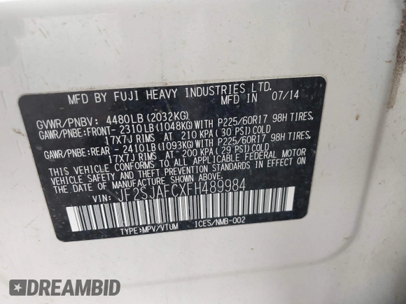 2015 Subaru Forester Premium with VIN JF2SJAFCXFH489984, listed as a IAAI auction lot 41082317 with 146,244 mi miles and . Bid and sale history available at DreamBid. Image 9.