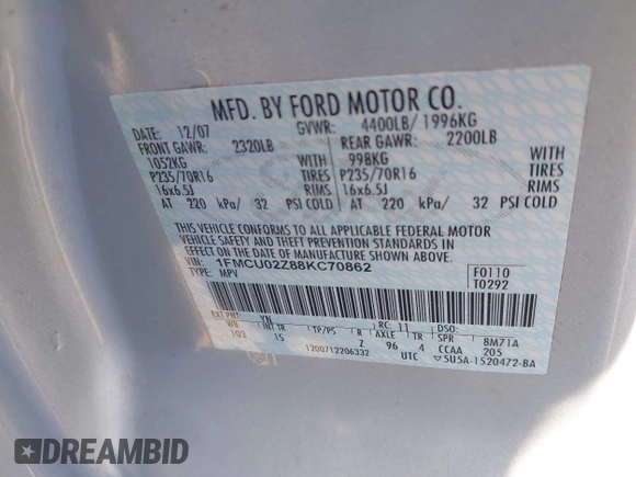 2008 Ford Escape XLS с VIN 1FMCU02Z88KC70862, выставлен на аукционе IAAI как лот 42552892 с пробегом 90 241 миль миль и . История ставок и продаж доступна на DreamBid. Изображение 9.