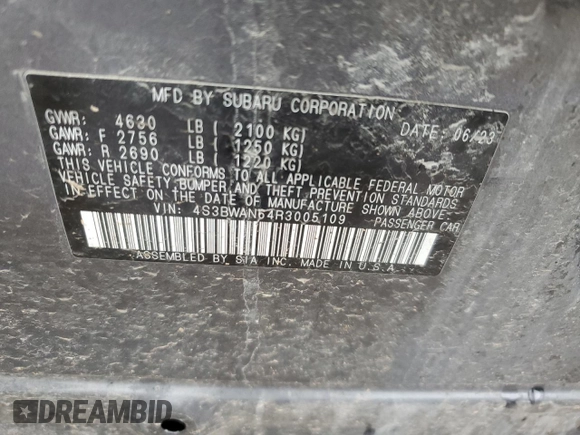 2024 Subaru Legacy Limited with VIN 4S3BWAN64R3005109, listed as a Copart auction lot 47551985 with 29,490 mi miles and Salvage title. Bid and sale history available at DreamBid. Image 13.