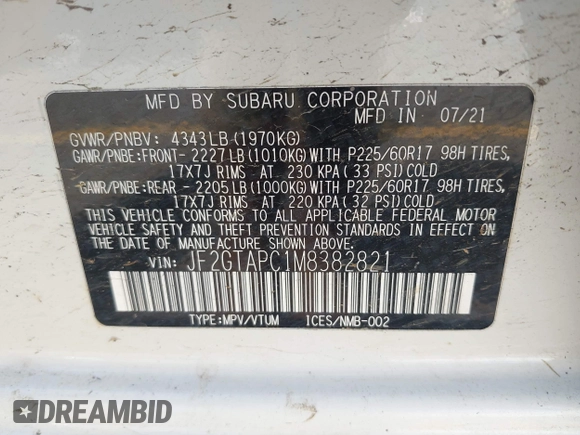 2021 Subaru Crosstrek Premium with VIN JF2GTAPC1M8382821, listed as a IAAI auction lot 42232652 with 46,400 mi miles and . Bid and sale history available at DreamBid. Image 9.