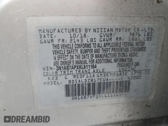 2019 Nissan Sentra SV with VIN 3N1AB7APXKL611164, listed as a Copart auction lot 42495555 with 122,062 mi miles and Salvage Title. Bid and sale history available at DreamBid. Image 14.