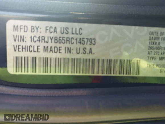 2024 Jeep Grand Cherokee with VIN 1C4RJYB65RC145793, listed as a IAAI auction lot 42544596 with 32,185 mi miles and . Bid and sale history available at DreamBid. Image 9.