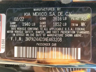 2022 Kia Rio S with VIN 3KPA24AD5NE463208, listed as a Copart auction lot 68380014 with 37,572 mi miles and Salvage Title. Bid and sale history available at DreamBid. Image 12.
