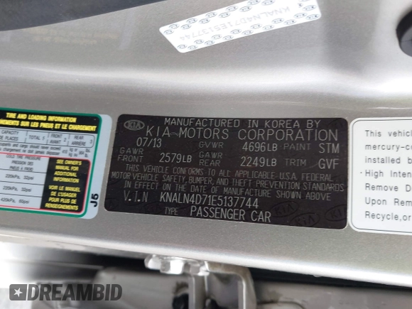 2014 Kia Cadenza Limited with VIN KNALN4D71E5137744, listed as a IAAI auction lot 42063014 with 61,310 mi miles. Bid and sale history available at carsss.com. Image 9.