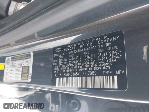 2018 Hyundai Kona Ultimate with VIN KM8K53A5XJU067989, listed as a IAAI auction lot 41564887 with 49,025 mi miles. Bid and sale history available at carsss.com. Image 9.