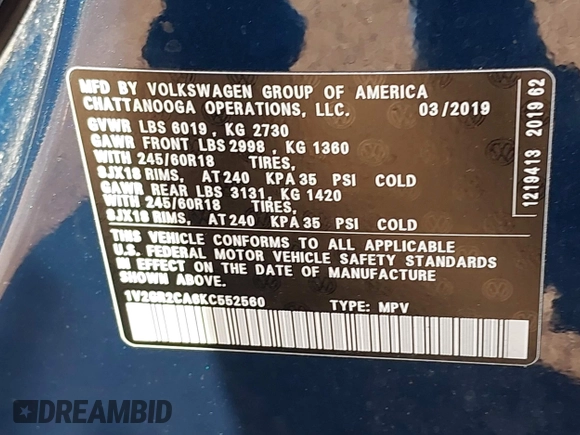 2019 Volkswagen Atlas S with VIN 1V2GR2CA6KC552560, listed as a IAAI auction lot 42154712 with 68,906 mi miles and . Bid and sale history available at DreamBid. Image 9.