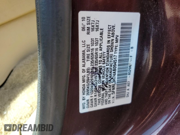 2010 Honda Odyssey EX-L with VIN 5FNRL3H74AB094517, listed as a Copart auction lot 54618725 with 164,873 mi miles and Clean Title. Bid and sale history available at carsss.com. Image 13.