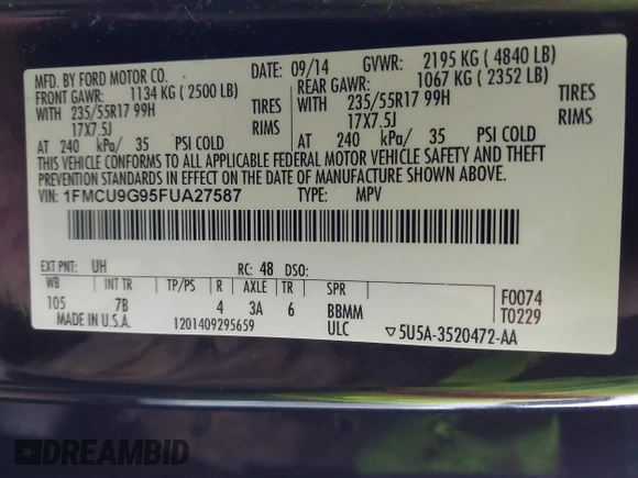 2015 Ford Escape SE with VIN 1FMCU9G95FUA27587, listed as a IAAI auction lot 41715978 with 114,482 mi miles. Bid and sale history available at carsss.com. Image 9.