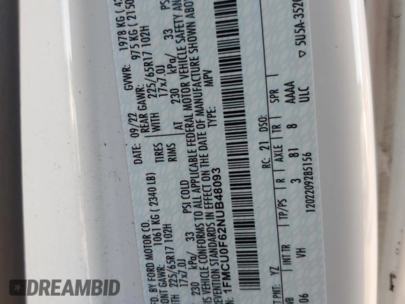 2022 Ford Escape S with VIN 1FMCU0F62NUB48093, listed as a Copart auction lot 53029925 with 140,868 mi miles and Salvage title. Bid and sale history available at DreamBid. Image 13.