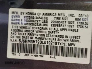 2013 Honda CR-V EX-L with VIN 5J6RM3H79DL019210, listed as a Copart auction lot 44719135 with 105,322 mi miles and Salvage Title. Bid and sale history available at DreamBid. Image 13.