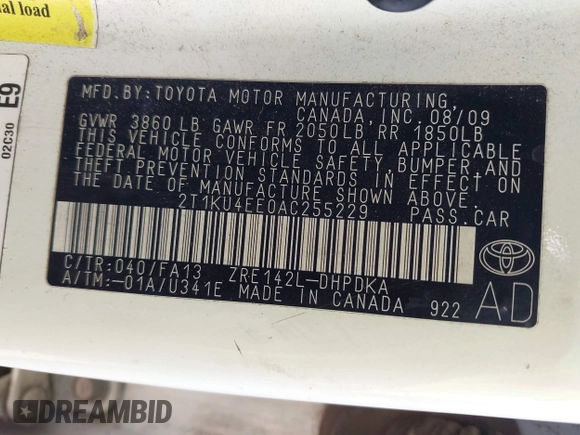 2010 Toyota Matrix with VIN 2T1KU4EE0AC255229, listed as a IAAI auction lot 41766570 with 262,763 mi miles. Bid and sale history available at carsss.com. Image 9.