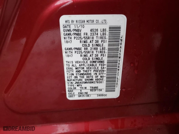 2011 Nissan Rogue SV with VIN JN8AS5MV8BW279381, listed as a Copart auction lot 47698605 with 141,918 mi miles and Salvage Title. Bid and sale history available at carsss.com. Image 14.