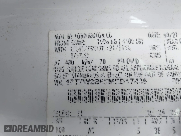 2021 Ford F-250 XL with VIN 1FT7W2B65MED17436, listed as a IAAI auction lot 41566414 with 151,018 mi miles and . Bid and sale history available at DreamBid. Image 9.