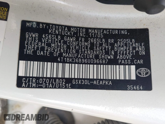 2006 Toyota Avalon XL with VIN 4T1BK36B96U096687, listed as a IAAI auction lot 41943651 with 59,298 mi miles and . Bid and sale history available at DreamBid. Image 9.