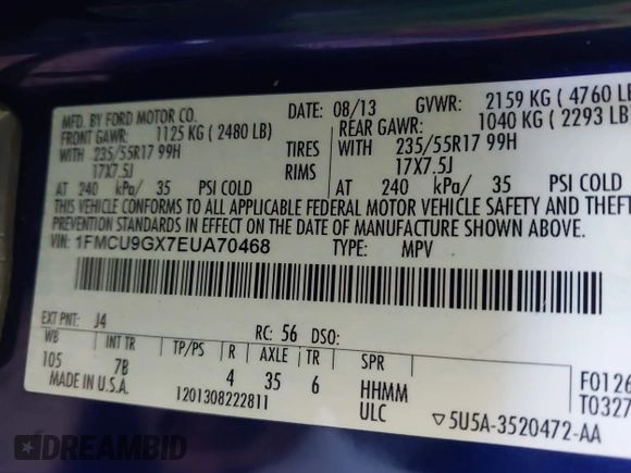 2014 Ford Escape SE with VIN 1FMCU9GX7EUA70468, listed as a IAAI auction lot 42679660 with 167,946 mi miles and . Bid and sale history available at DreamBid. Image 9.