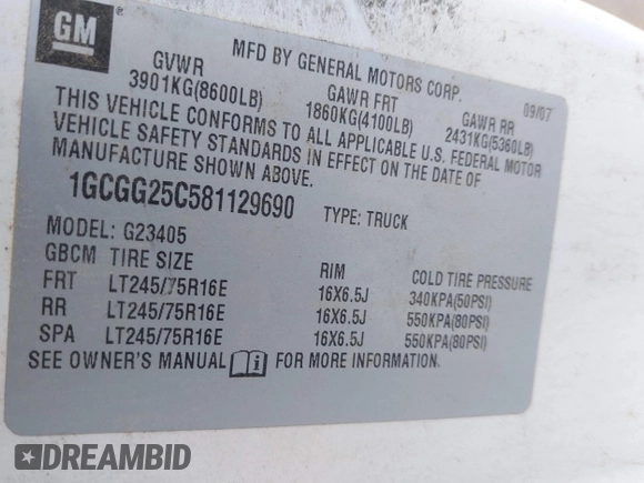 2008 Chevrolet Express Cargo Van with VIN 1GCGG25C581129690, listed as a IAAI auction lot 41541035 with 328,651 mi miles. Bid and sale history available at carsss.com. Image 9.