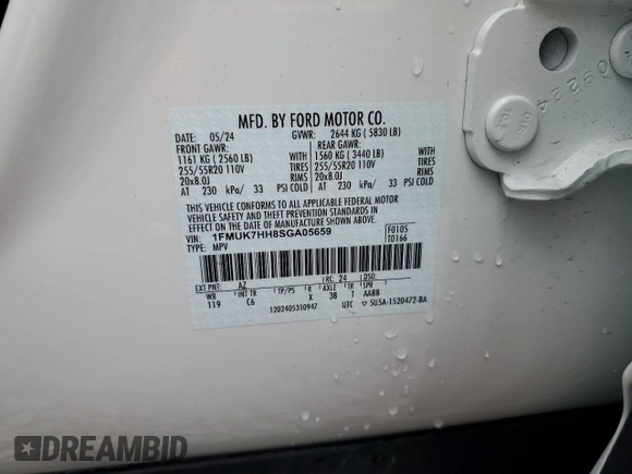 2025 Ford Explorer with VIN 1FMUK7HH8SGA05659, listed as a Copart auction lot 52077855 with 3,037 mi miles and Salvage title. Bid and sale history available at DreamBid. Image 14.