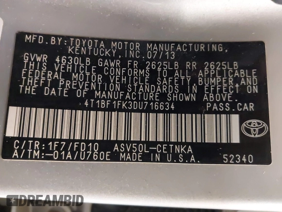 2013 Toyota Camry L with VIN 4T1BF1FK3DU716634, listed as a IAAI auction lot 41759908 with 118,955 mi miles. Bid and sale history available at carsss.com. Image 9.