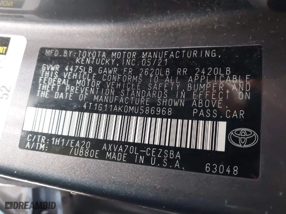 2021 Toyota Camry SE Nightshade with VIN 4T1G11AK0MU586968, listed as a IAAI auction lot 41729108 with 95,686 mi miles. Bid and sale history available at carsss.com. Image 9.