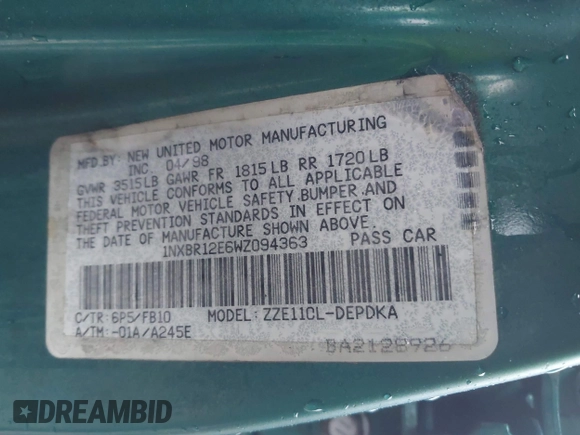 1998 Toyota Corolla VE with VIN 1NXBR12E6WZ094363, listed as a IAAI auction lot 41465384 with 265,919 mi miles and . Bid and sale history available at DreamBid. Image 9.