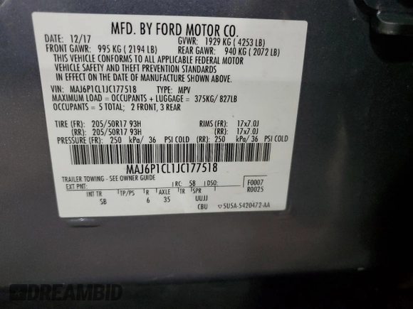 2018 Ford EcoSport SES with VIN MAJ6P1CL1JC177518, listed as a Copart auction lot 52587045 with 35,166 mi miles and Salvage Title. Bid and sale history available at DreamBid. Image 15.