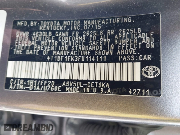 2015 Toyota Camry XLE with VIN 4T1BF1FK3FU114111, listed as a IAAI auction lot 41988719 with 133,761 mi miles and . Bid and sale history available at DreamBid. Image 9.