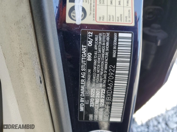 2013 Mercedes-Benz E-Class E 350 Luxury with VIN WDDHF8JBXDA670922, listed as a Copart auction lot 52907915 with 172,858 mi miles and Salvage Title. Bid and sale history available at carsss.com. Image 12.