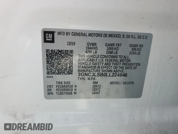2020 Chevrolet Trax LT z VIN 3GNCJLSB0LL224846, wystawiony jako Copart lot #54617415 z przebiegiem 28 952 mil mil oraz Szkoda całkowita • Salvage title. Historia ofert i sprzedaży dostępna na DreamBid. Obrazek 13.