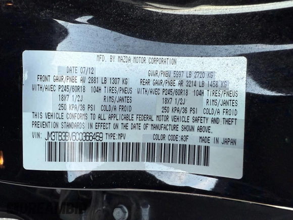 2012 Mazda CX-9 Sport with VIN JM3TB3BV6C0366459, listed as a Copart auction lot 86016734 with 129,416 mi miles and Clean Title. Bid and sale history available at carsss.com. Image 10.