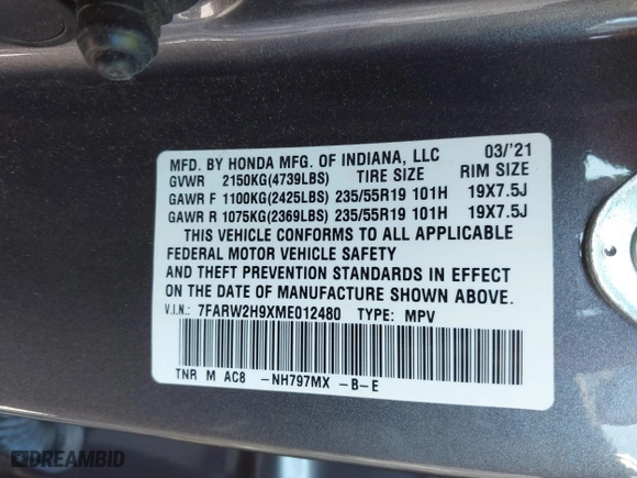 2021 Honda CR-V Touring with VIN 7FARW2H9XME012480, listed as a IAAI auction lot 41632487 with 59,684 mi miles. Bid and sale history available at carsss.com. Image 9.