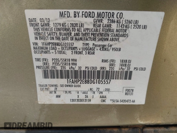 2013 Ford Taurus SEL with VIN 1FAHP2E88DG105557, listed as a IAAI auction lot 42040773 with 157,705 mi miles and . Bid and sale history available at carsss.com. Image 9.