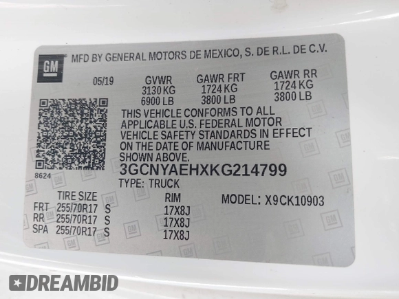 2019 Chevrolet Silverado 1500 with VIN 3GCNYAEHXKG214799, listed as a IAAI auction lot 41500194 with 129,776 mi miles and . Bid and sale history available at DreamBid. Image 9.