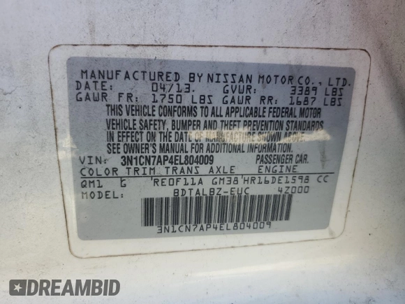 2014 Nissan Versa SV with VIN 3N1CN7AP4EL804009, listed as a Copart auction lot 48556215 with 146,875 mi miles and Salvage Title. Bid and sale history available at carsss.com. Image 14.