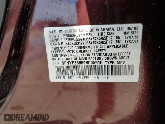2009 Honda Pilot EX-L z VIN 5FNYF38659B005916, wystawiony jako Copart lot #80045664 z przebiegiem 195 182 mil mil oraz Szkoda całkowita • Salvage title. Historia ofert i sprzedaży dostępna na DreamBid. Obrazek 14.