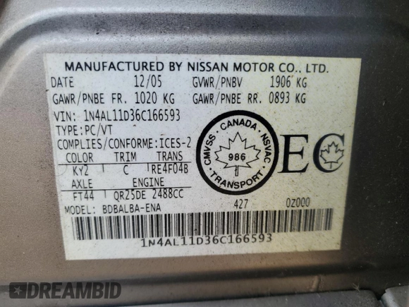 2006 Nissan Altima S with VIN 1N4AL11D36C166593, listed as a Copart auction lot 58661815 with 214,215 mi miles and Clean title. Bid and sale history available at DreamBid. Image 13.