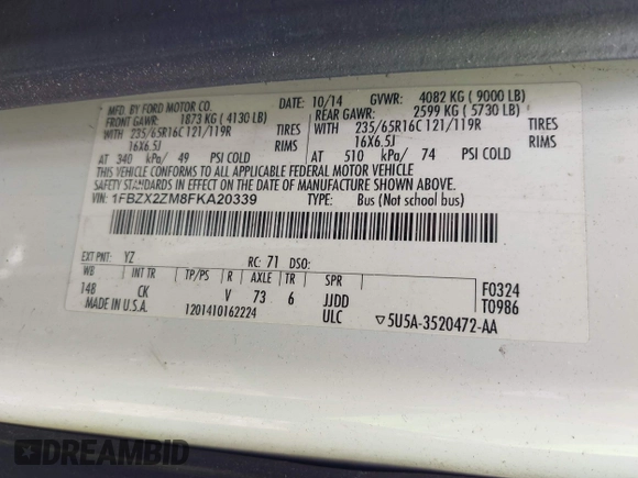2015 Ford Transit XL with VIN 1FBZX2ZM8FKA20339, listed as a IAAI auction lot 42186096 with Not provided miles and . Bid and sale history available at DreamBid. Image 9.