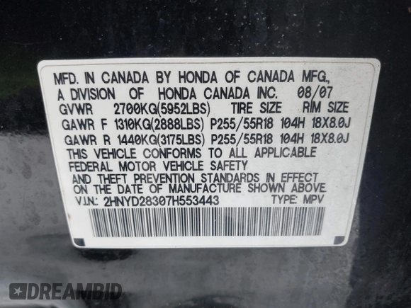 2007 Acura MDX Tech Pkg with VIN 2HNYD28307H553443, listed as a IAAI auction lot 41505317 with 255,688 mi miles. Bid and sale history available at carsss.com. Image 9.