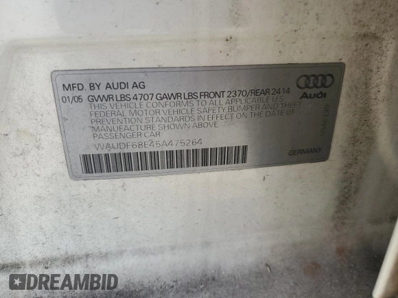 2005 Audi A4 2.0T with VIN WAUDF68E45A475264, listed as a Copart auction lot 80887284 with 274,763 mi miles and Clean Title. Bid and sale history available at carsss.com. Image 12.