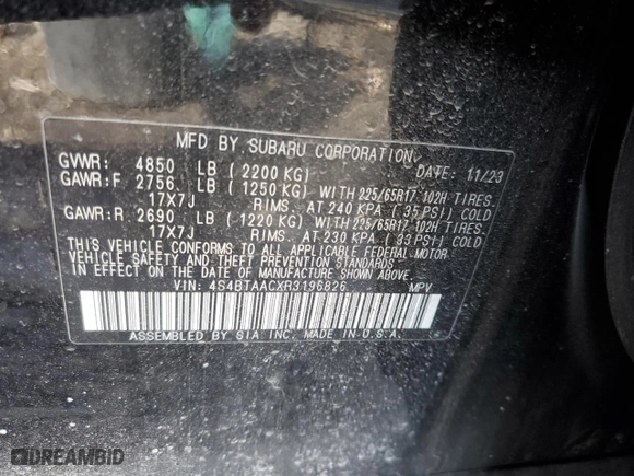 2024 Subaru Outback with VIN 4S4BTAACXR3196826, listed as a Copart auction lot 46057585 with 12,655 mi miles and Salvage Title. Bid and sale history available at carsss.com. Image 12.