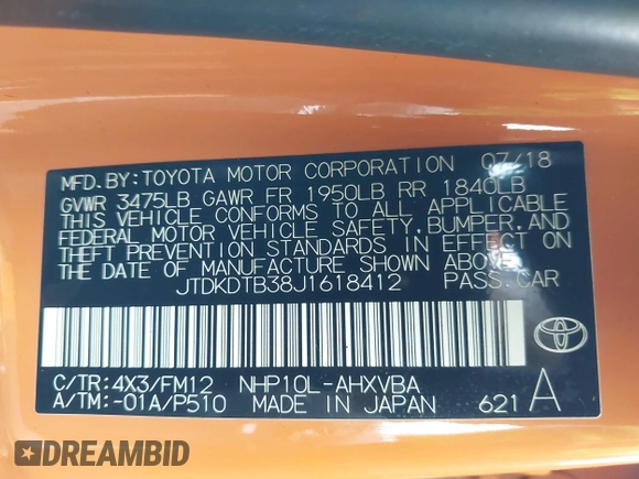2018 Toyota Prius One with VIN JTDKDTB38J1618412, listed as a IAAI auction lot 41681898 with 47,835 mi miles and . Bid and sale history available at DreamBid. Image 9.