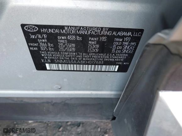 2019 Hyundai Santa Fe Limited with VIN 5NMS53AA8KH077883, listed as a IAAI auction lot 41884106 with 61,232 mi miles. Bid and sale history available at carsss.com. Image 9.