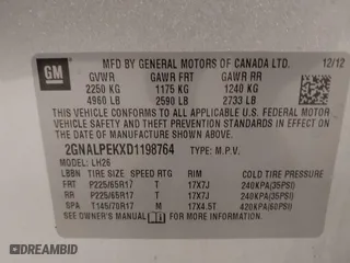 2013 Chevrolet Equinox LT with VIN 2GNALPEKXD1198764, listed as a IAAI auction lot 42056383 with 192,046 mi miles. Bid and sale history available at carsss.com. Image 9.